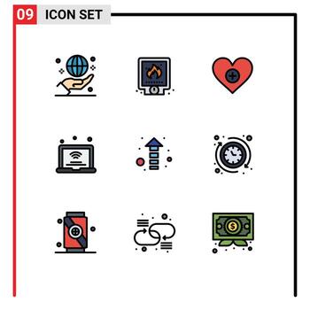 Editable Vector Line Pack of 9 Simple Filledline Flat Colors of iot internet system laptop heart Editable Vector Design Elements
