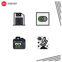 Pack of 4 creative Filledline Flat Colors of floppy disk hobby control camera microscope Editable Vector Design Elements