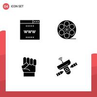 Mobile Interface Solid Glyph Set of 4 Pictograms of internet hand site video power Editable Vector Design Elements