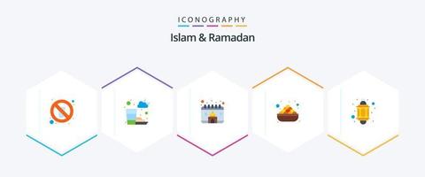 Islam y Ramadán 25 paquete de iconos planos que incluye fechas. hielo. hora. alimento. Ramadán vector