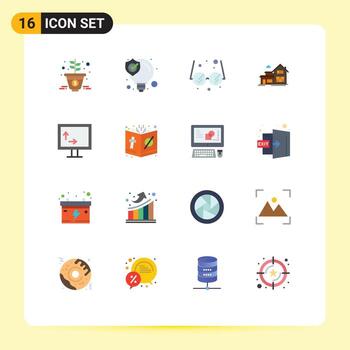conjunto moderno de 16 colores planos y símbolos, como la casa de apartamentos escolares de altura y ancho, paquete editable de elementos creativos de diseño de vectores