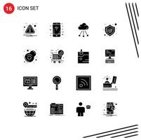 Paquete de glifos sólidos de 16 interfaces de usuario de signos y símbolos modernos de elementos de diseño de vectores editables de seguridad de compras en la nube de desayuno frito