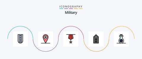 paquete de iconos de 5 planos llenos de línea militar que incluye la etiqueta. rango. soldado. militar. medalla vector
