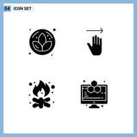 Set of 4 Vector Solid Glyphs on Grid for lotus camp hand right fire Editable Vector Design Elements