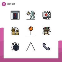 Mobile Interface Filledline Flat Color Set of 9 Pictograms of office pin design coordinate money Editable Vector Design Elements