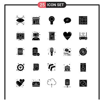 Set of 25 Vector Solid Glyphs on Grid for communication sand cooler chating message Editable Vector Design Elements