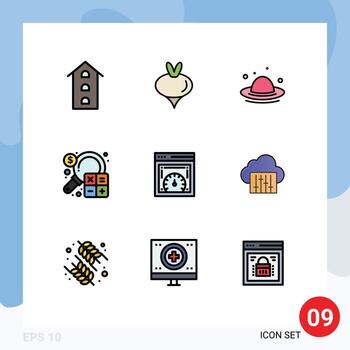 9 colores planos universales de línea de llenado establecidos para aplicaciones web y móviles marketing negocios primavera análisis primavera elementos de diseño vectorial editables vector