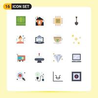 paquete de 16 signos y símbolos de colores planos modernos para medios de impresión web como herramienta de excavación procesador de pala de vacaciones paquete editable de elementos creativos de diseño de vectores