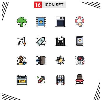 16 Universal Flat Color Filled Lines Set for Web and Mobile Applications fish insurance star help emergency Editable Creative Vector Design Elements