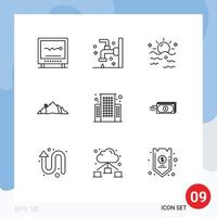 Group of 9 Outlines Signs and Symbols for nature hill faucet sunrise summer Editable Vector Design Elements