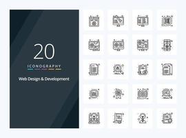 20 icono de esquema de diseño y desarrollo web para presentación vector