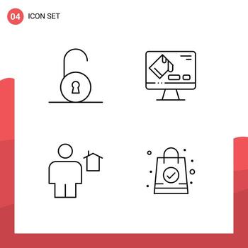 Mobile Interface Line Set of 4 Pictograms of unlocked home color screen human Editable Vector Design Elements