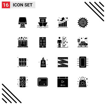 Set of 16 Commercial Solid Glyphs pack for hardware global graph development coding Editable Vector Design Elements