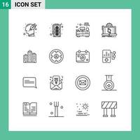 Outline Pack of 16 Universal Symbols of building reporting computer analysis data Editable Vector Design Elements