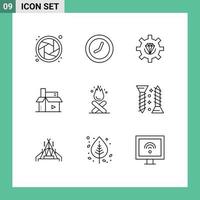 paquete de 9 signos y símbolos de contornos modernos para medios de impresión web, como medios de desarrollo de publicación de fogatas, elementos de diseño de vectores editables creativos