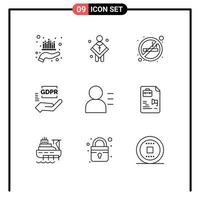 Pack of 9 Modern Outlines Signs and Symbols for Web Print Media such as protection gdpr man compliance no smoking Editable Vector Design Elements