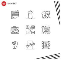 User Interface Pack of 9 Basic Outlines of food and restaurant fish vegetables tunnel train Editable Vector Design Elements