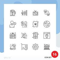 Pack of 16 Modern Outlines Signs and Symbols for Web Print Media such as human computers television computing computer Editable Vector Design Elements