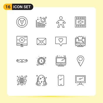 16 contornos universales establecidos para aplicaciones web y móviles elementos de diseño vectorial editables de computadora de vidrio de altavoz de lupa de correo vector