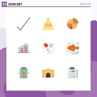 paquete de 9 signos y símbolos modernos de colores planos para medios de impresión web, como estadísticas de progreso del diagrama de informes de cápsulas, elementos de diseño de vectores editables