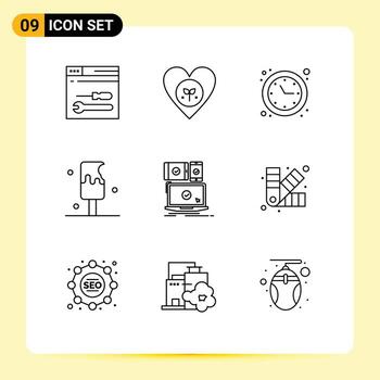 9 concepto de esquema para sitios web móviles y aplicaciones helados de computadora como elementos de diseño de vectores editables de optimización de tiempo de comida