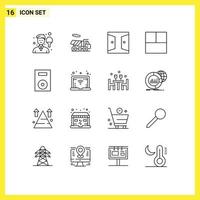 Universal Icon Symbols Group of 16 Modern Outlines of products devices buildings layout home gate Editable Vector Design Elements