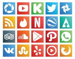 Paquete de 20 íconos de redes sociales que incluye google play sound yesca soundcloud tripadvisor vector