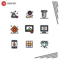 Modern Set of 9 Filledline Flat Colors Pictograph of monitor image tools delete play Editable Vector Design Elements