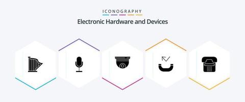 paquete de iconos de 25 glifos de dispositivos, incluido el teléfono. llamada. micrófono. vigilancia. techo vector