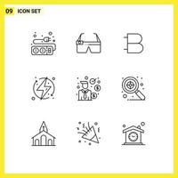 9 Universal Outlines Set for Web and Mobile Applications renewable electric bytecoin ecologic currency Editable Vector Design Elements