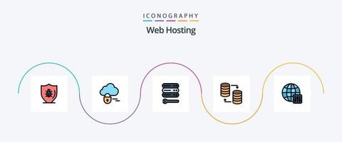 la línea de alojamiento web llenó el paquete de iconos planos 5 que incluye el mundo. almacenamiento. servidor. sql. base de datos vector