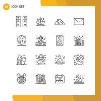 Mobile Interface Outline Set of 16 Pictograms of sun hill justice landscape scales Editable Vector Design Elements