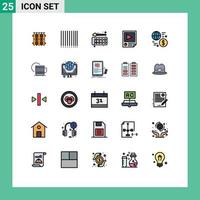 Set of 25 Modern UI Icons Symbols Signs for currency playback color paper data Editable Vector Design Elements