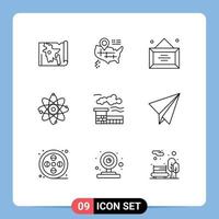 Pack of 9 Modern Outlines Signs and Symbols for Web Print Media such as industry science desk chemistry nuclear Editable Vector Design Elements