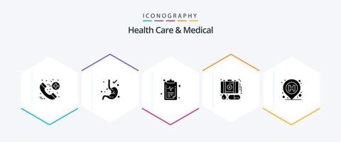 Health Care And Medical 25 Glyph icon pack including sign. location. medical. hospital. first aid vector