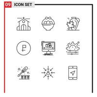 Mobile Interface Outline Set of 9 Pictograms of ruble currency pot coin maple Editable Vector Design Elements