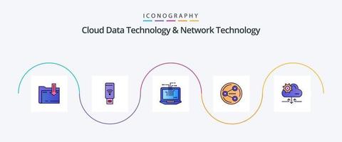 la tecnología de datos en la nube y la línea de tecnología de red llenaron el paquete de iconos planos 5 que incluye la configuración. medios de comunicación. computadora. social. Cuota vector