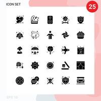 Group of 25 Modern Solid Glyphs Set for plain security woofer shield engineering Editable Vector Design Elements