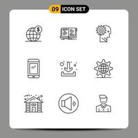 Mobile Interface Outline Set of 9 Pictograms of phone personal writing mechanism gear Editable Vector Design Elements