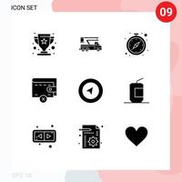 Group of 9 Modern Solid Glyphs Set for navigation wallet transport money watch Editable Vector Design Elements