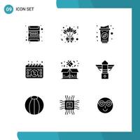 Pack of 9 Modern Solid Glyphs Signs and Symbols for Web Print Media such as percentage box paper cup sale date Editable Vector Design Elements