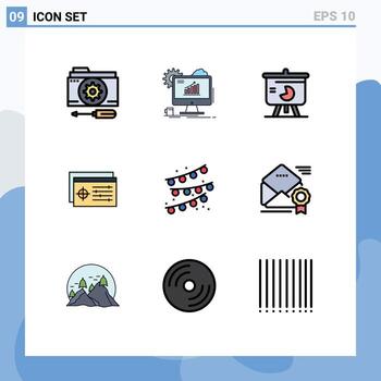 grupo de símbolos de iconos universales de 9 colores planos de línea de relleno modernos de configuración de objetivos gráficos web ventas elementos de diseño de vectores editables