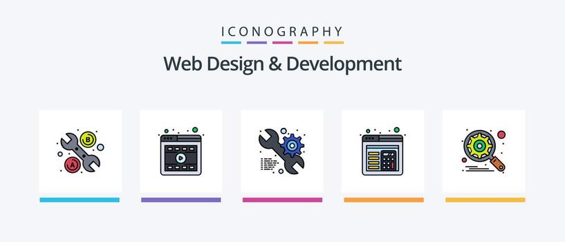 Web Design And Development Line Filled 5 Icon Pack Including gear. browser. file. error. html. Creative Icons Design vector