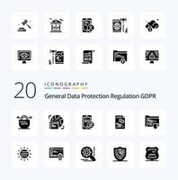 paquete de iconos de glifos sólidos de 20 gdpr como usuario comercial seguridad financiera gdpr vector