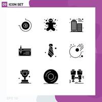 Editable Vector Line Pack of 9 Simple Solid Glyphs of attire financial infrastructure finance bank Editable Vector Design Elements