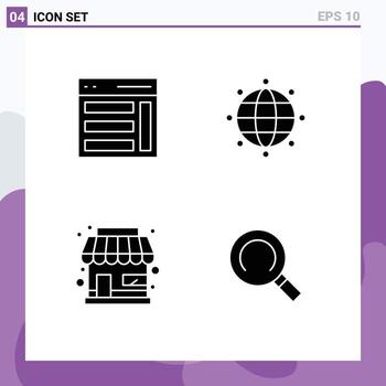 Set of 4 Vector Solid Glyphs on Grid for communication shop sidebar globe business Editable Vector Design Elements