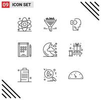 conjunto de 9 iconos de interfaz de usuario modernos signos de símbolos para notas de luna ordenar cuaderno resolviendo elementos de diseño vectorial editables vector