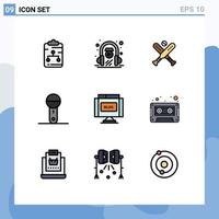 Pack of 9 Modern Filledline Flat Colors Signs and Symbols for Web Print Media such as technology microphone play electronics bats Editable Vector Design Elements