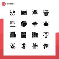 Modern Set of 16 Solid Glyphs and symbols such as printing bowl technology bowl nature Editable Vector Design Elements