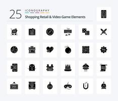 Compras minoristas y elementos de videojuegos Paquete de iconos de 25 glifos sólidos que incluye espada. juego de azar. Brújula. dado. escribe vector